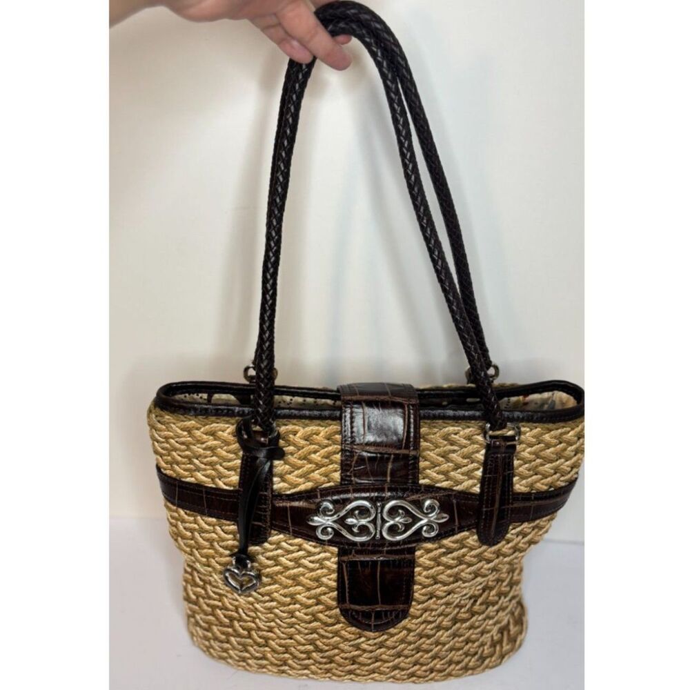 Brighton Straw Leather Tote Bag Woven Crocodile Embossed Braided Heart Buckle